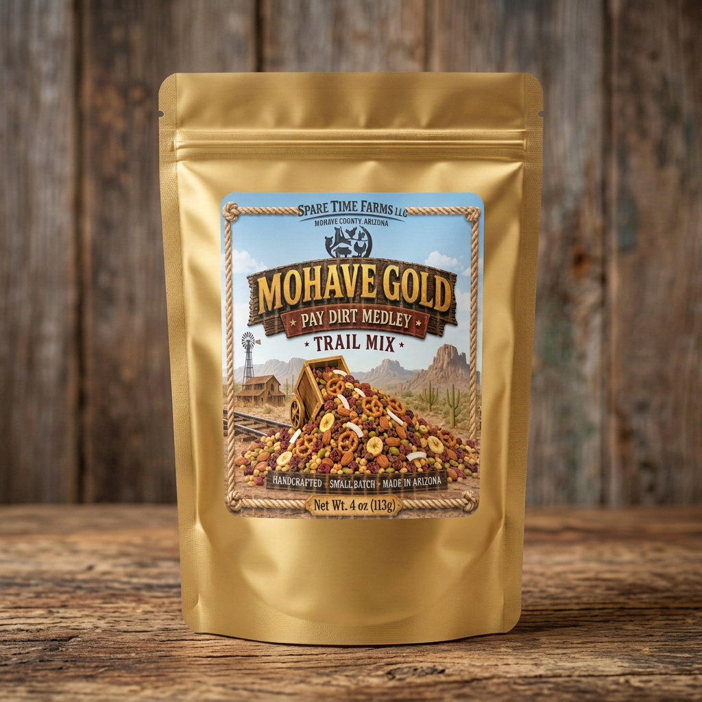 Trail mix package with a rustic wood background