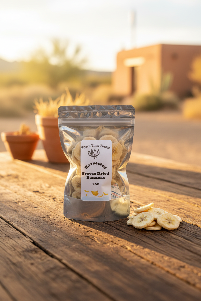 Freeze-dried bananas with rustic farmhouse background