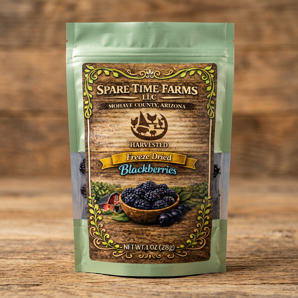 Harvested freeze-dried blackberries in a light green mylar pouch