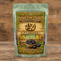 Harvested freeze-dried sliced black olives in a light green mylar pouch