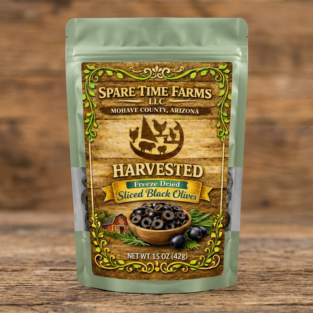 Harvested freeze-dried sliced black olives in a light green mylar pouch