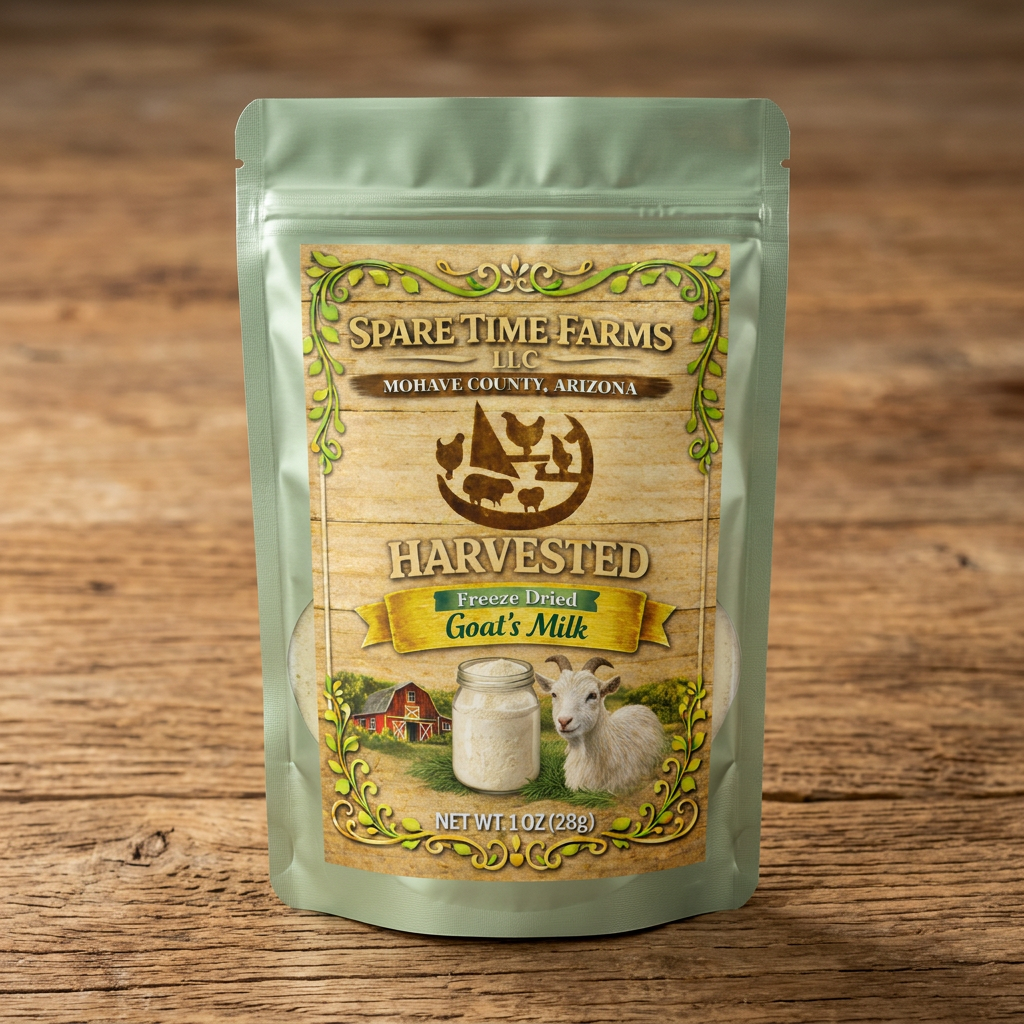 Harvested freeze-dried goat’s milk in a green mylar pouch