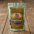 Harvested freeze-dried blueberries in a light green mylar pouch