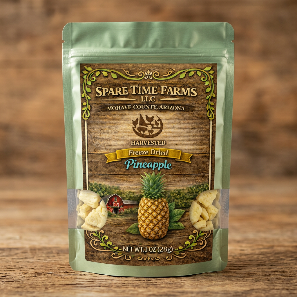 Harvested freeze-dried pineapple in a light green mylar bag