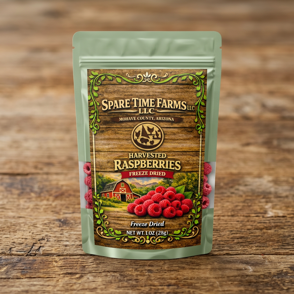 Harvested freeze-dried raspberries in a light green mylar pouch