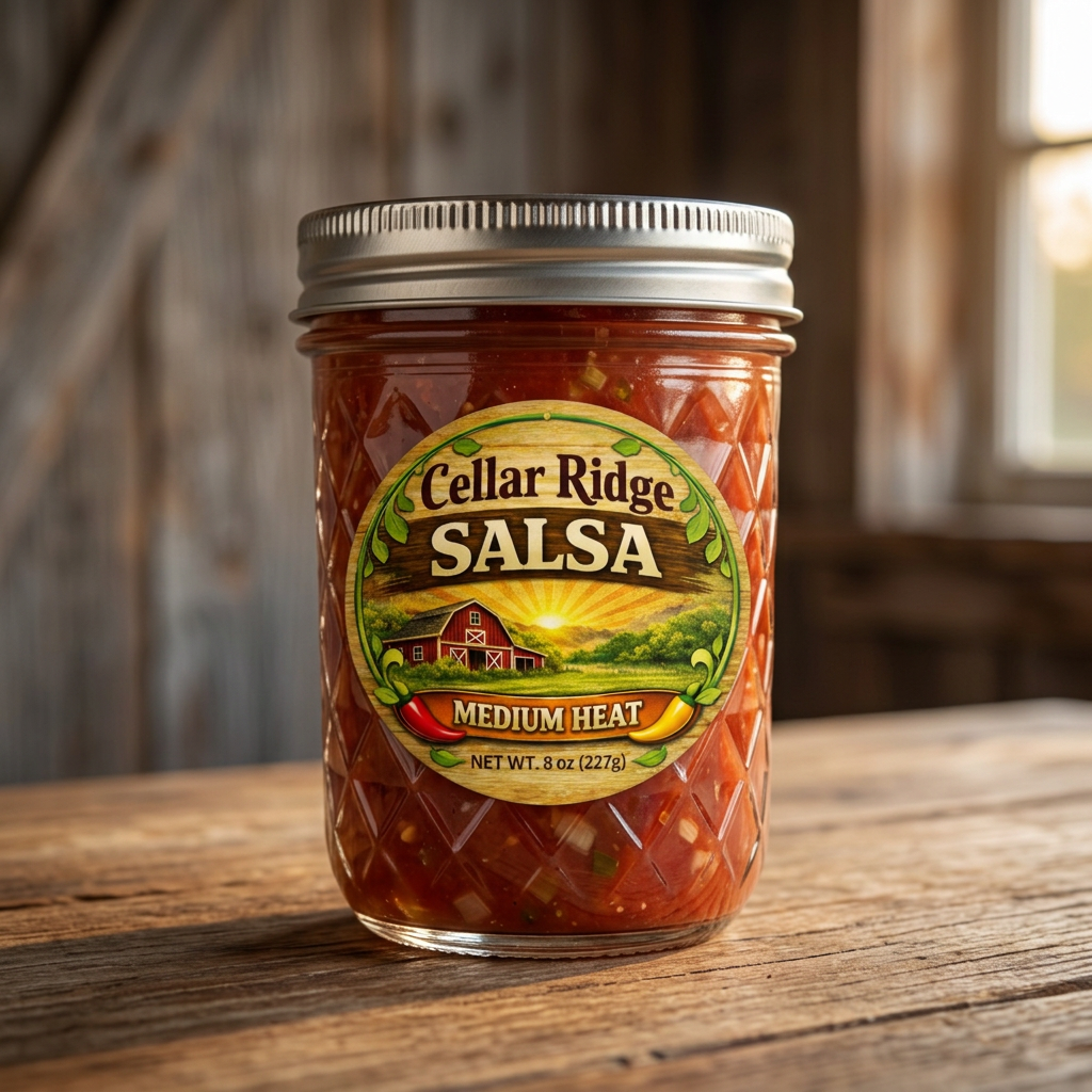 Cellar Ridge medium-heat salsa in an 8 oz quilted mason jar
