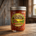 Cellar Ridge medium-heat salsa in an 8 oz quilted mason jar