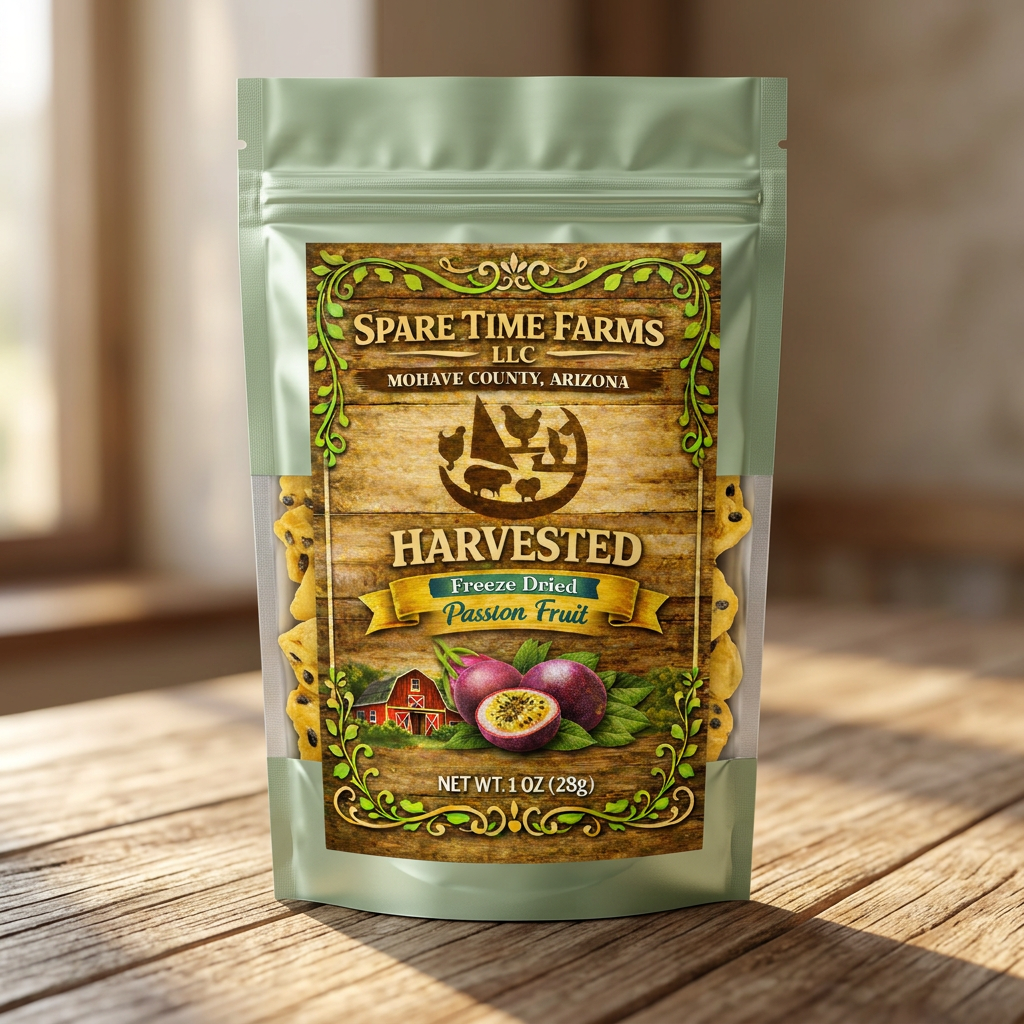 Harvested freeze-dried passionfruit in a light green mylar pouch
