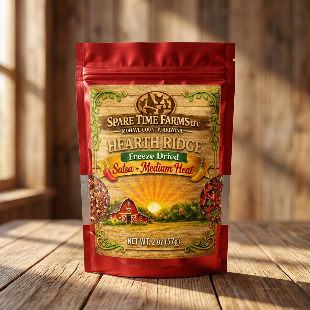 Hearth Ridge medium-heat freeze-dried salsa in a red mylar pouch